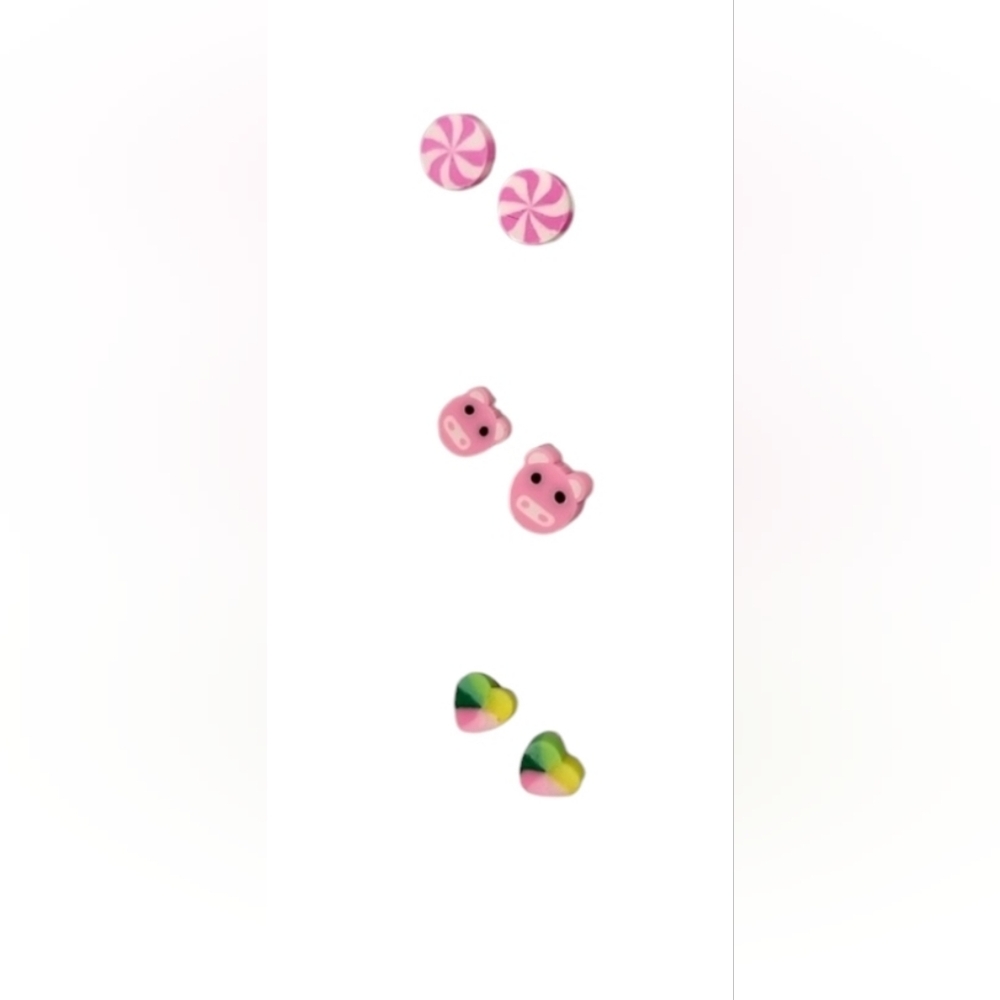 🎉🎉CLEARANCE🎉🎉 3pc mini pink stud earring set peppermint, pig, hearts